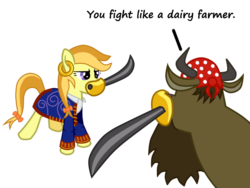 Size: 900x675 | Tagged: safe, artist:fetchbeer, cow, earth pony, pony, female, guybrush threepwood, insult swordfighting, mare, monkey island, mouth hold, pirate, ponified, simple background, sword, transparent background