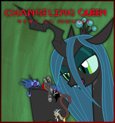 Size: 4500x4851 | Tagged: safe, artist:hatbulbproductions, discord, king sombra, nightmare moon, queen chrysalis, alicorn, changeling, draconequus, pony, g4, absurd resolution, album cover, anatomically incorrect, female, giant changeling, giant pony, giantess, hooves, incorrect leg anatomy, macro, male, mare, parody, ponified, ponified album cover, queen (band), size difference, stallion