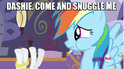 Size: 480x270 | Tagged: safe, edit, edited screencap, screencap, rainbow dash, rarity, g4, ponyville confidential, animated, female, flailing, frown, hoofy-kicks, image macro, imma snuggle you, meme, nervous, puffy cheeks, spread wings