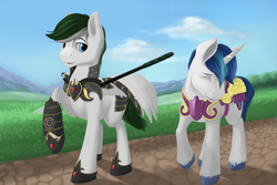 Size: 3000x2000 | Tagged: safe, artist:boomythemc, shining armor, oc, oc:loyal wing, pegasus, pony, unicorn, g4, armor, male, spear, stallion, unshorn fetlocks