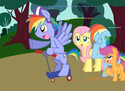 Size: 2335x1698 | Tagged: safe, artist:angelyoshi119, fluttershy, rainbow blaze, rainbow dash, scootaloo, g4, dialogue, facehoof, hardly visible text, helmet, hilarious in hindsight, mid-life crisis, midlife crisis, scooter