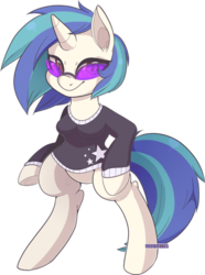 Size: 400x538 | Tagged: safe, artist:soulkillur, dj pon-3, vinyl scratch, pony, unicorn, g4, bipedal, clothes, female, hooves, horn, mare, simple background, solo, sunglasses, sweater