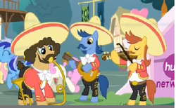 Size: 446x275 | Tagged: safe, screencap, fluttershy, luis, miguel, minuette, sancho, twinkleshine, pony, g4, it ain't easy being breezies, my little pony: friendship is magic, bipedal, male, mariachi band, musical instrument, sombrero, stallion