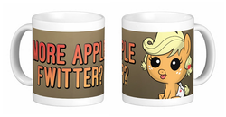Size: 655x341 | Tagged: safe, artist:drawponies, applejack, g4, :p, :t, baby, babyjack, cup, cute, diaper, female, foal, jackabetes, mug, mug design, silly, simple background, sitting, smiling, solo, text, tongue out, white background