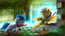 Size: 2560x1440 | Tagged: safe, artist:fuzzyfox11, daring do, oc, pony, g4, bipedal, clothes, mouth hold, scarf, sword