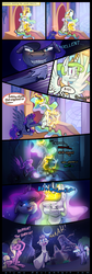 Size: 2000x5931 | Tagged: safe, artist:alumx, cloudchaser, doctor whooves, lily, lily valley, princess celestia, princess luna, time turner, g4, angry, behaving like a cat, comic, cutie mark, dark, eclipse, fangs, frown, glare, glowing, grin, light switch, magic, new lunar republic, nightmare luna, open mouth, panic, reading, scroll, smiling, spread wings, telekinesis, this will end in tears and/or a journey to the moon, unamused, working