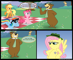 Size: 1600x1316 | Tagged: dead source, safe, artist:lachlantemplar, applejack, fluttershy, pinkie pie, rainbow dash, g4, 3 panel comic, badass, boo-boo bear, caught, comic, crossover, cute, flutterbadass, fluttershy is not amused, nervous, nervous smile, park ranger, picnic, ranger, shyabetes, smiling, unamused, vector, yogi bear