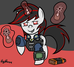 Size: 1500x1350 | Tagged: safe, artist:hydkore, oc, oc only, oc:blackjack, pony, unicorn, fallout equestria, fallout equestria: project horizons, abstract background, alcohol, bottle, clothes, cutie mark, dual wield, fanfic, fanfic art, female, glowing horn, grin, gun, handgun, hooves, horn, jumpsuit, levitation, magic, mare, pipbuck, raised hoof, request, revolver, security armor, signature, smiling, solo, teeth, telekinesis, vault security armor, vault suit, weapon, whiskey