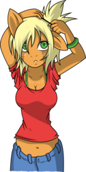 Size: 5790x11472 | Tagged: dead source, safe, artist:a-purple-pony, artist:owlisun, applejack, earth pony, anthro, g4, absurd resolution, alternate hairstyle, belly button, bra strap, cleavage, clothes, female, midriff, scrunchie, shirt, simple background, solo, transparent background, vector