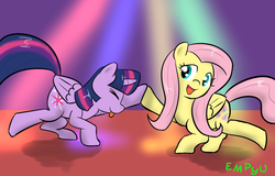 Size: 1000x641 | Tagged: safe, artist:empyu, fluttershy, twilight sparkle, alicorn, pony, g4, 30 minute art challenge, dancing, do the sparkle, duo, duo female, female, folded wings, lesbian, mare, ship:twishy, shipping, twilight sparkle (alicorn), wings