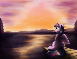 Size: 3351x2588 | Tagged: safe, artist:otakuap, twilight sparkle, alicorn, pony, g4, female, mare, scenery, solo, sunrise, sunset, twilight sparkle (alicorn)