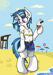 Size: 636x900 | Tagged: safe, artist:mistydash, dj pon-3, vinyl scratch, pony, unicorn, semi-anthro, g4, beach, beach umbrella, belly button, bipedal, clothes, cross-eyed, cute, ear fluff, female, frown, hoof hold, hooves, horn, ice cream, jeans, mare, midriff, shorts, solo, sunglasses