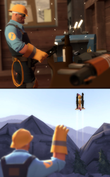 Size: 1280x2048 | Tagged: safe, artist:gergta, scootaloo, g4, 3d, beer, blu, building, comic, crossover, engineer, engineer (tf2), flying, gmod, machine, rocket launcher, sparks, team fortress 2, wrench