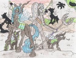 Size: 2450x1869 | Tagged: dead source, safe, artist:taibu-kettu, queen chrysalis, changeling, changeling queen, g4, bionicle, crossover, female, lego, metru nui, roodaka, visorak