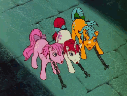 Size: 708x540 | Tagged: safe, screencap, bubbles (g1), cotton candy (g1), moondancer (g1), earth pony, pony, unicorn, g1, rescue at midnight castle, animated, bow, castle, chained, chains, coat markings, collar, dark magic, facial markings, female, frightened, magic, power of darkness, rainbow of darkness, scared, star (coat marking), tail bow, trio