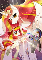 Size: 600x848 | Tagged: safe, artist:yukina-namagaki, oc, oc only, oc:poniko, oc:rokuchan, alicorn, pony, alicorn oc, petals, smiling