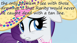 Size: 854x475 | Tagged: safe, rarity, g4, simple ways, drawing, female, grimace, hat, insane pony thread, rhinestone rarihick, solo, tan lines