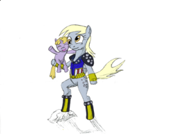 Size: 1024x791 | Tagged: safe, artist:demonioblanco, derpy hooves, dinky hooves, pony, g4, asuka, bipedal, color, ein, hokuto no ken