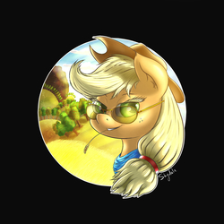 Size: 1280x1280 | Tagged: safe, artist:shydale, applejack, g4, female, mouth hold, out of frame, solo, sunglasses