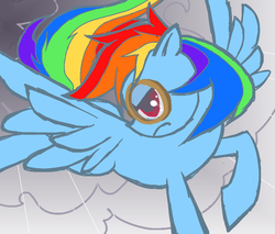 Size: 800x680 | Tagged: safe, artist:lyugha, rainbow dash, pegasus, pony, g4, cloud, cloudy, female, flying, goggles, looking back, pixiv, rain, solo