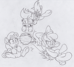 Size: 735x668 | Tagged: safe, artist:dfectivedvice, apple bloom, scootaloo, sweetie belle, g4, ball, cutie mark crusaders, grayscale, monochrome, sketch, traditional art, underhoof