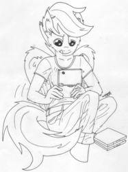 Size: 678x908 | Tagged: safe, artist:greenlinzerd, scootaloo, anthro, unguligrade anthro, g4, clothes, collarbone, console, female, lineart, monochrome, nintendo ds, older, scootaloo will show us games to play, solo, tongue out, wip