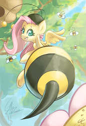 Size: 827x1200 | Tagged: safe, artist:chingilin, fluttershy, bee, insect, pegasus, pony, g4, it ain't easy being breezies, animal costume, bee costume, clothes, costume, female, flutterbee, flutterbutt, flying, foreshortening, mare, open mouth, solo