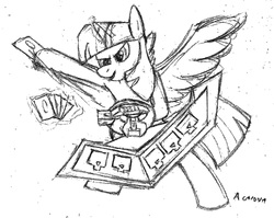Size: 1868x1484 | Tagged: artist needed, safe, twilight sparkle, alicorn, pony, g4, duel disk, female, mare, monochrome, solo, traditional art, twilight sparkle (alicorn), yu-gi-oh!