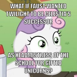 Size: 500x500 | Tagged: safe, edit, edited screencap, screencap, sweetie belle, g4, ponyville confidential, cropped, female, floppy ears, hoof on chin, image macro, implied princess celestia, implied twilight sparkle, meme, philosobelle, solo, sudden clarity sweetie belle