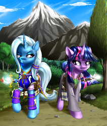 Size: 1500x1769 | Tagged: safe, artist:mykegreywolf, trixie, twilight sparkle, g4, clothes, detailed, mage, road, robe, staff, wizard