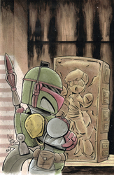 Size: 423x648 | Tagged: safe, artist:ponygoddess, pony, boba fett, carbonite, han solo, ponified, star wars, traditional art