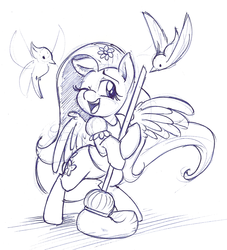 Size: 1090x1200 | Tagged: safe, artist:mickeymonster, fluttershy, bird, pony, g4, animal, bipedal, broom, cleaning, clothes, disney, disney princess, monochrome, one eye closed, open mouth, parody, puffy sleeves, simple background, sketch, smiling, snow white, white background