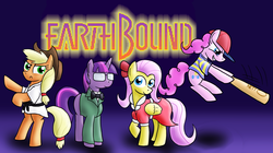 Size: 2200x1236 | Tagged: safe, artist:paper-pony, applejack, fluttershy, pinkie pie, twilight sparkle, equestriabound, g4, clothes, crossover, earthbound, glasses, jeff, jeff andonuts, ness, nintendo, paula, paula polestar, poo (character)