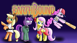 Size: 2200x1236 | Tagged: safe, artist:paper-pony, applejack, fluttershy, pinkie pie, twilight sparkle, equestriabound, g4, clothes, crossover, earthbound, glasses, jeff andonuts, ness, nintendo, paula jones, prince poo