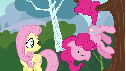 Size: 576x324 | Tagged: safe, screencap, fluttershy, pinkie pie, pony, g4, it ain't easy being breezies, animated, female, tree