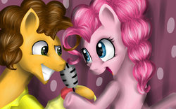 Size: 1024x640 | Tagged: safe, artist:sirskipper, cheese sandwich, pinkie pie, g4, my little pony: friendship is magic, pinkie pride, grin, microphone, smiling