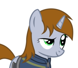 Size: 1444x1255 | Tagged: artist needed, source needed, safe, oc, oc only, oc:littlepip, pony, unicorn, fallout equestria, clothes, cutie mark, fanfic, fanfic art, female, horn, jumpsuit, mare, show accurate, simple background, smiling, solo, transparent background, vault suit