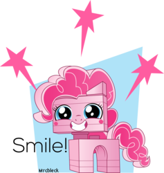 Size: 2840x3000 | Tagged: safe, artist:mrcbleck, pinkie pie, g4, crossover, dialogue, female, fusion, grin, high res, lego, simple background, smiling, solo, the lego movie, transparent background, unikitty