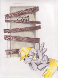 Size: 2516x3366 | Tagged: safe, artist:thepurpleskittle, derpy hooves, pegasus, pony, g4, broom closet, crossover, female, high res, mare, solo, the stanley parable