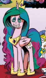 Size: 378x639 | Tagged: safe, artist:andy price, idw, princess celestia, princess luna, g4, spoiler:comic, andy you magnificent bastard, clothes, cosplay, costume, grin, nightmare fuel, pinklestia, pinkluna, rapeface, royal guard, seems legit, smiling, wide eyes