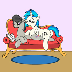 Size: 1589x1575 | Tagged: safe, artist:dragonblood6400, dj pon-3, octavia melody, vinyl scratch, earth pony, pony, unicorn, g4, butt, couch, couple, cute, ear bite, female, lesbian, mare, plot, ship:scratchtavia, shipping