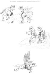 Size: 1000x1500 | Tagged: safe, artist:baron engel, rainbow dash, oc, oc:sky brush, pegasus, pony, g4, cloud, female, grayscale, male, mare, monochrome, nudity, pencil drawing, sheath, stallion, traditional art