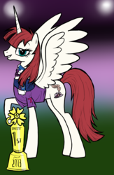 Size: 597x915 | Tagged: artist needed, safe, oc, oc only, oc:fausticorn, alicorn, pony, /mlp/, 4chan, 4chan cup, alicorn oc, solo, trophy