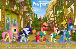 Size: 1700x1100 | Tagged: safe, artist:berrypawnch, big macintosh, fluttershy, rarity, toe-tapper, torch song, earth pony, pony, g4, abbey road, album cover, male, parody, ponytones, ponytones outfit, stallion, the beatles