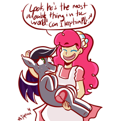 Size: 1000x965 | Tagged: safe, artist:php52, pinkie pie, oc, oc:aux, bat pony, human, pony, g4, clothes, duo, female, holding a pony, human and pony, humanized, male, simple background, speech bubble, white background