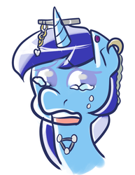 Size: 771x1000 | Tagged: safe, artist:php52, minuette, pony, unicorn, g4, bust, crying, ear piercing, female, horn, horn piercing, piercing, simple background, solo, white background
