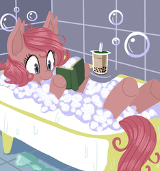 Size: 1964x2100 | Tagged: dead source, safe, artist:fauxsquared, pinkie pie, bat pony, pony, ask bat pony pinkie, g4, bath, bathtub, book, bubble, bubble bath, bubble tea, claw foot bathtub, cute, diapinkes, female, race swap, reading, solo