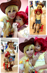 Size: 500x775 | Tagged: safe, artist:dukesawolf, apple bloom, applejack, human, g4, child, cosplay, irl, irl human, photo