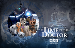 Size: 1500x955 | Tagged: safe, artist:sitrirokoia, doctor whooves, time turner, cyberman, cyborg, g4, bowtie, christmas, clara oswin oswald, crossover, dalek, doctor who, handles, poster, television, wallpaper, weeping angel