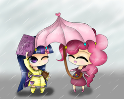 Size: 1280x1024 | Tagged: safe, artist:pixelsandponies, pinkie pie, twilight sparkle, human, g4, chibi, humanized, rain, rain boots, raincoat, umbrella